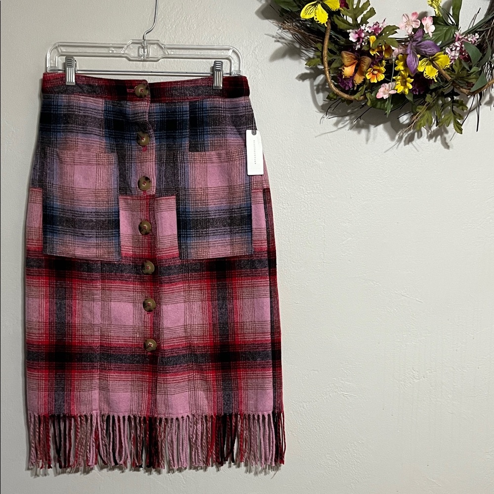 Anthropologie Pink and Red Plaid Fringe Pencil Skirt